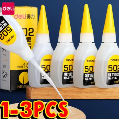1-3uds Deli 502 Super pegamento instantáneo de secado rápido cianoacrilato adhesivo cuero caucho madera Metal fuerte enlace 15g herramienta de pegamento líquido