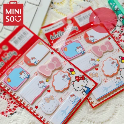 MINISO HelloKitty-Juego de notas adhesivas de combinación, material de cuenta de mano, índice, 140 hojas