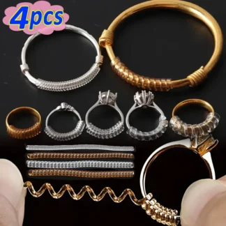 Herramientas reductoras de tamaño de anillo de 4 piezas, anillos a base de resorte en espiral, ajustables, Tensor transparente Invisible, herramienta de redimensionamiento, protector de joyería
