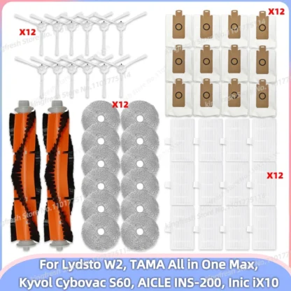 Compatible con piezas de aspiradora Lydsto W2, TAMA All in One Max, Kyvol Cybovac S60, AICLE INS-200, Inic iX10 - cepillo principal, cepillo lateral, filtro Hepa, paño de fregona
