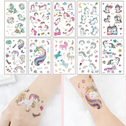 Juego de tatuajes temporales con diseño de unicornio para niños, adhesivos impermeables con dibujos de animales, para regalo, 5 hojas por juego