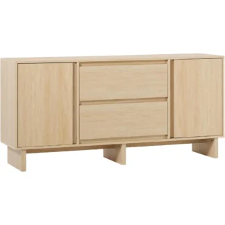Aparador de 2 puertas biselado escandinavo, 2 cajones, 63 pulgadas, roble costero