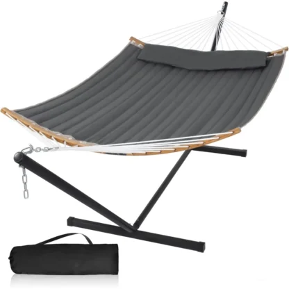 Hamaca de 55 pulgadas con soporte, hamaca resistente con soporte incluido, hamaca para dos personas con barra esparcidora curva, almohada