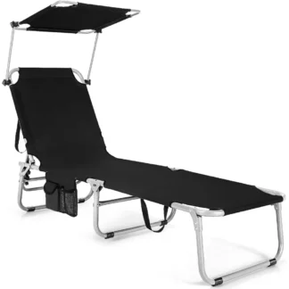 Silla de bronceado plegable, tumbona de playa con toldo de 360 °, parasol, bolsillo lateral, ajustable en 5 posiciones