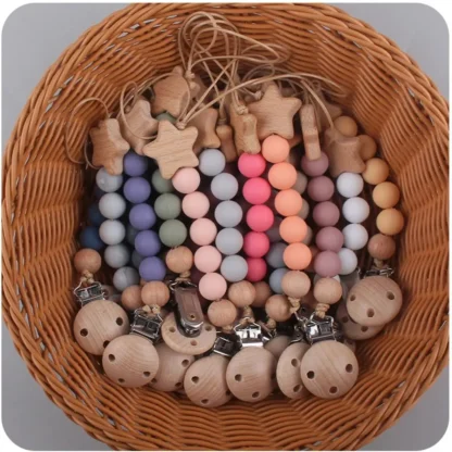 Cadena de Clips para chupete sin BPA, cuentas de silicona, soporte para chupete, Clip de madera de estrella, juguetes para bebés, regalos para masticar