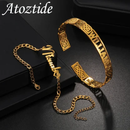 Atoztide-pulsera personalizada con nombre para hombre y mujer, brazalete de rayas huecas de acero inoxidable, cadena cubana, regalo de joyería de cumpleaños