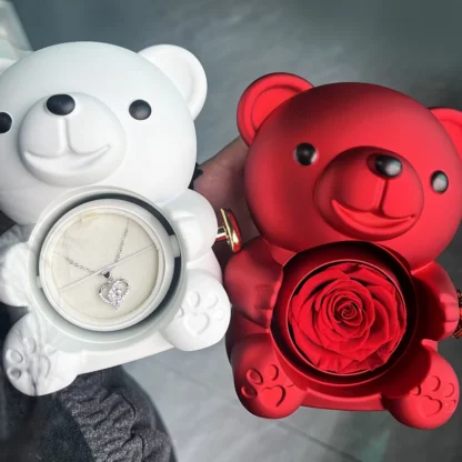Caja de regalo de oso de peluche rosa eterna con Collar, caja de joyería giratoria, almacenamiento de boda de San Valentín, estuche de regalo para mujeres y novias