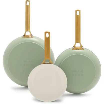 Juego de sartén de cerámica saludable anodizada dura, antiadherente, 8 "10" y 12 ", mango dorado, 3 piezas