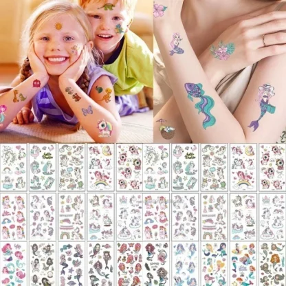 Pegatinas de tatuajes temporales de unicornio para niños, dibujos animados bonitos, fiesta de sirena, Baby Shower, maquillaje corporal, 10 hojas por lote