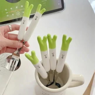 Juego de vajilla de cerámica de dibujos animados, cuchara y tenedor de cebolla, vajilla portátil de acero inoxidable, vajilla de viaje, accesorios de cocina