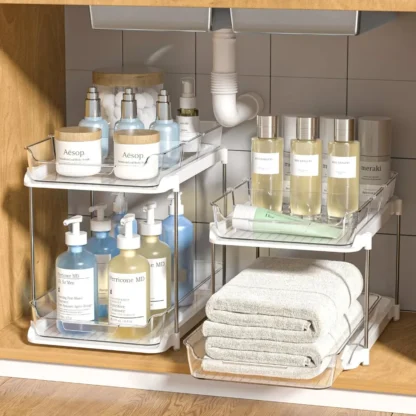 2 juegos de organizadores y almacenamiento multiusos para baño debajo del fregadero, organización de despensa de cocina apilable, extraíble, 2 niveles