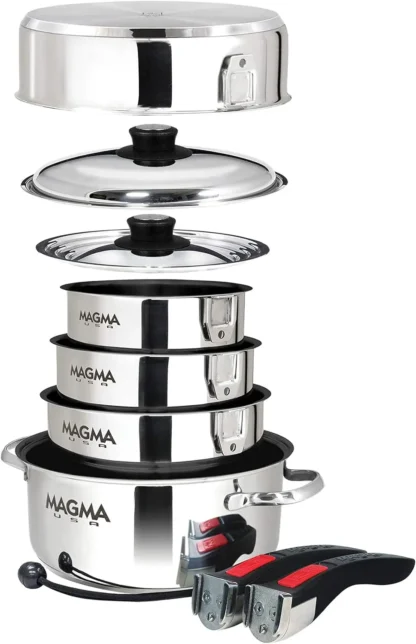 Juego de utensilios de cocina de inducción de acero inoxidable, productos Magma, A10-366-2-IND, anidación Gourmet, Ceramica antiadherente (10 piezas), plateado