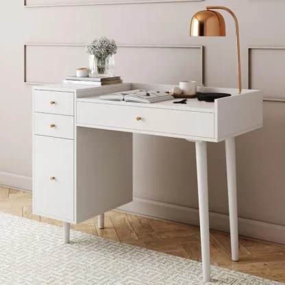 Daisy-tocador o escritorio de maquillaje con 4 cajones y perillas de latón, madera blanca