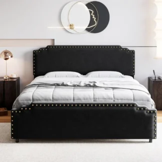 Cabecero de cama tamaño Queen w, plataforma tapizada de terciopelo, decoración con remaches, resistente, No se necesita resorte de caja, fácil montaje