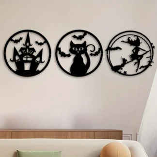 Decoración de pared de Metal para Halloween, colgante sin marco, diseño creativo de Arte de hierro, bruja, gato, murciélago, castillo, regalo