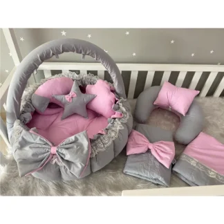 Juego de tapete de juego de lujo hecho a mano, diseño de combinación gris-Rosa, Babynest, 8 piezas