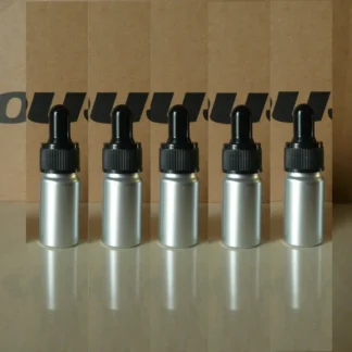 Botella de aluminio y plata de 10 ml con tapa gotero de plástico negro, gotero de 10 ml, 60 unidades