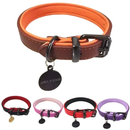 Collar de piel auténtica para perros medianos y grandes, suave, Color puro