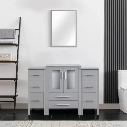 Armarios con espejo, tocador de baño de 48 ", Combo gris con armarios laterales, juego moderno de madera con soporte de Pedestal, Armarios con espejo