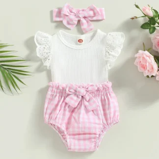 Traje de moda de verano para niña, Pelele de cuello redondo de manga voladora de Color sólido, pantalones cortos de cintura elástica a cuadros, Diadema con lazo, conjunto de ropa de 3 piezas