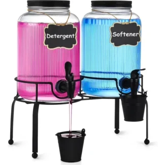 Dispensador de detergente líquido de vidrio con soporte, contenedor de detergente para lavandería, organización y almacenamiento