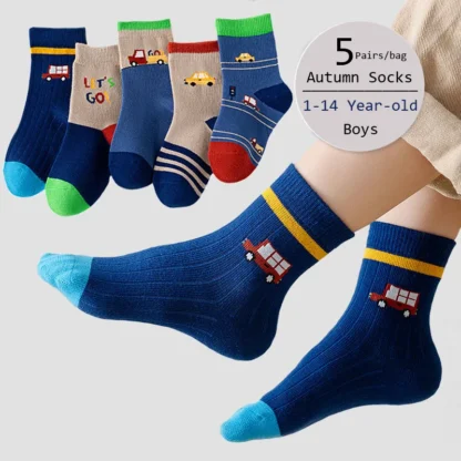 Calcetines de algodón con patrón de dibujos animados para niños pequeños, medias medianas para bebés, 5 pares por bolsa, otoño