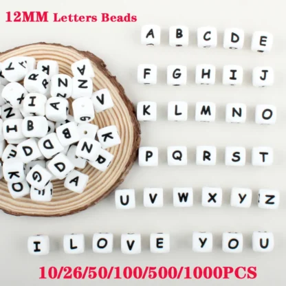 Cuentas de silicona con letras del alfabeto para fabricación de joyas, accesorios de pluma con nombre personalizado, 12mm, 10/26/50/100/500/1000 piezas