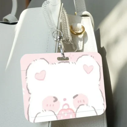 Portatarjetas de oso blanco pequeño con cuerda de resorte para estudiantes, adecuado para autobús, Campus, tarjeta de almuerzo, Kpop, tarjeta de puerta