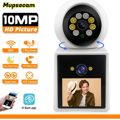 Cámara de videovigilancia inalámbrica inteligente con doble lente, videocámara de seguridad con seguimiento automático, pantalla de 2,4 ", Wifi, 10MP