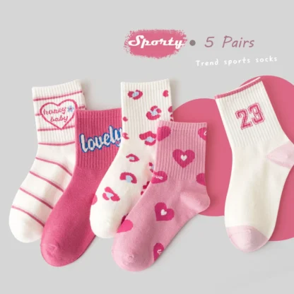 Calcetines deportivos a media pantorrilla para niños y niñas, calcetín de algodón, patrón de moda, Otoño, 5 pares