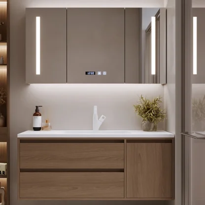 Tocador de baño multifunción, mueble de lujo, espejos, armario de toallas, armarios abiertos, lavabo, cocina, hogar, pared, farmacia