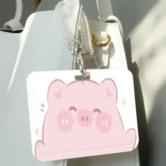 Tarjetero con patrón de cabeza de cerdo de dibujos animados con cordón adecuado para estudiantes, funda protectora para tarjetas de autobús, Protector de fotos