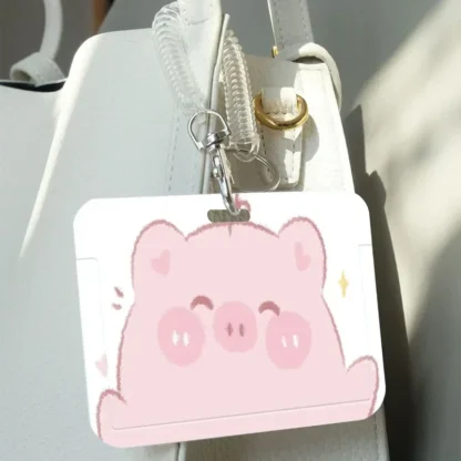 Tarjetero con patrón de cabeza de cerdo de dibujos animados con cordón adecuado para estudiantes, funda protectora para tarjetas de autobús, Protector de fotos