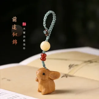 LLavero de madera de sándalo Natural con diseño Simple, llavero creativo de dibujos animados, lindo conejo del zodiaco, colgante para bolso, cordón para teléfono móvil, pareja