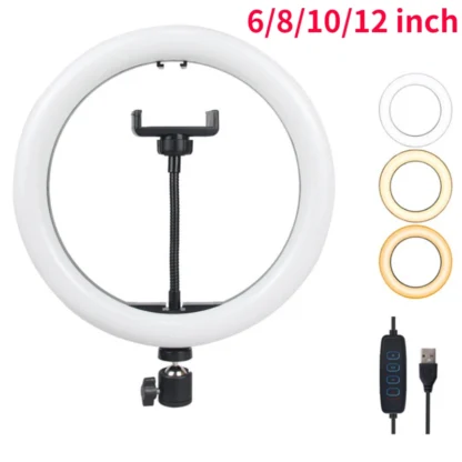 Anillo de luz Led para Selfie, lámpara de relleno para fotografía, con inclinación panorámica, para grabación de vídeo y transmisión en vivo, 12/10/8/6 pulgadas