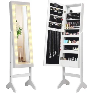 Armario de joyería de pie con 18 luces LED alrededor de la puerta, con espejo de longitud completa, 16 soportes para pintalabios, 1 espejo de maquillaje interior