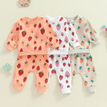 Conjunto de sudadera de manga larga con estampado de fresas para niñas, pantalones de chándal de cintura elástica, cuello redondo, Otoño, 2 piezas