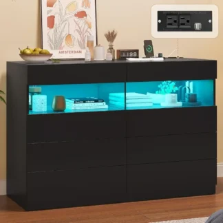 Cajones de dormitorio con luz RGB, sin mango doble, de madera ancha con 8 cajones y 2 espacios abiertos, armario de almacenamiento de dormitorio