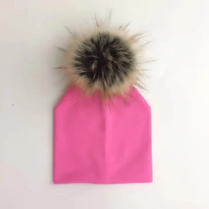 Gorro con pompón de piel sintética de mapache para niños, gorro de algodón para recién nacidos