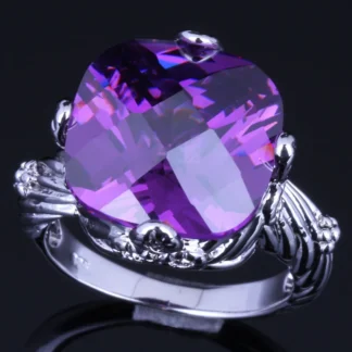 Anillo Chapado en plata de circonia cúbica púrpura cuadrado grande exclusivo V0151