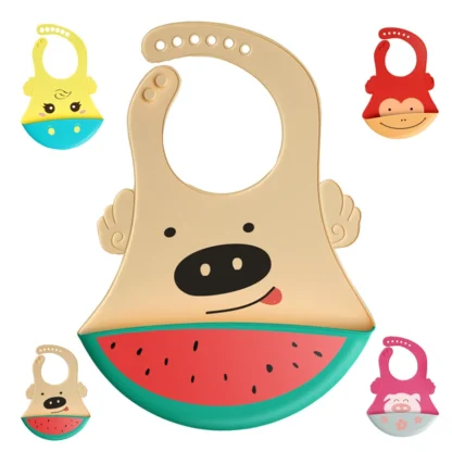 Baberos de silicona de grado alimenticio para bebé, babero impermeable con patrón de dibujos animados, ajustable y fácil de limpiar, 1 piezas
