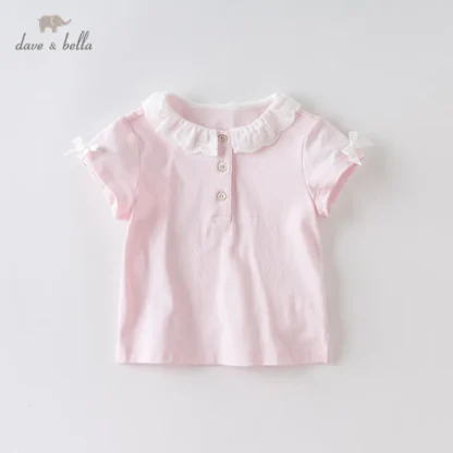 Camiseta lisa con lazo bonito para niñas, tops de manga corta para niñas, camisetas de moda para niñas, DB13962