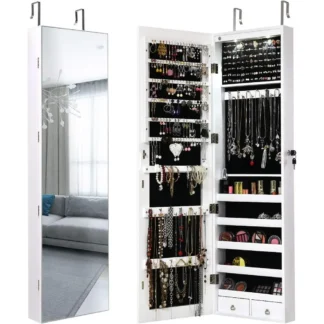 Armario de joyería para puerta de pared con espejo de longitud completa, 2 Led Bloqueable, organizador de joyería de almacenamiento grande con espejo