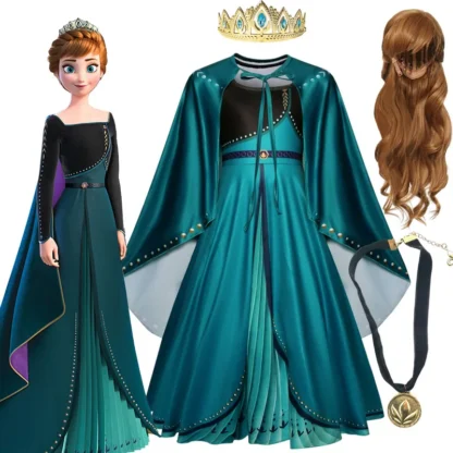 Disfraz de Frozen de Disney, vestido de princesa Anna, vestido de baile Noble verde para niñas, disfraz de Navidad de Reina Anna para niños