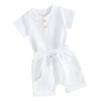 Ropa de verano para bebé, pelele con botones y pantalones cortos de manga corta con gofres de Color sólido, traje de 2 uds.