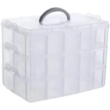 Organizador de artes, manualidades y joyas, organizador apilable de plástico transparente de 3 niveles con 30 compartimentos ajustables