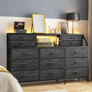 Cómoda negra de 55 pulgadas de ancho, cómoda para dormitorio, cómoda con 13 cajones grandes, cómoda larga para armario con 2 estantes