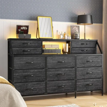 Cómoda negra de 55 pulgadas de ancho, cómoda para dormitorio, cómoda con 13 cajones grandes, cómoda larga para armario con 2 estantes
