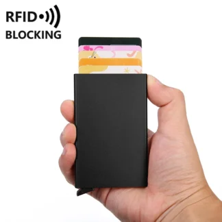 Tarjetero con bloqueo RFID antiescaneo, billeteras inteligentes para hombre, tarjetero bancario de identificación, funda delgada emergente de aluminio minimalista