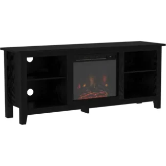 Walker Edison Wren Classic Soporte para TV con chimenea de 4 cubículos para televisores de hasta 65 pulgadas, 58 pulgadas, negro